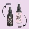 W7 Matte and Dewy Fixer setting spray bottles for long-lasting makeup, matte oil-control and dewy glow finish options