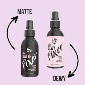 W7 Matte and Dewy Fixer setting spray bottles for long-lasting makeup, matte oil-control and dewy glow finish options