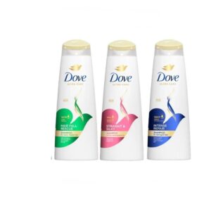 Dove Ultra Care Hair Fall Rescue, Straight and Silky and Intense Repair Shampoo bottles displayed on white background.