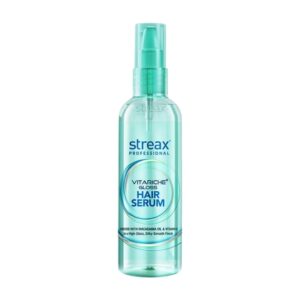 Streax Professional Vitariche Gloss Hair Serum enriched with Macadamia Oil and Vitamin E in a transparent pump bottle.
