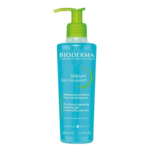 Bioderma Sébium Gel Moussant Purifying Cleansing Foaming Gel 200ml for oily and combination skin in a blue pump bottle.