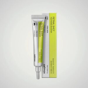 Celimax Retinal Shot Tightening Booster 15ml with Retinal 0.1% and Matrixyl® 3000 3% in tube and box packaging.