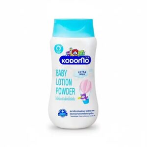 Kodomo Baby Lotion Powder Extra Mild for babies in a white bottle with a blue cap.
