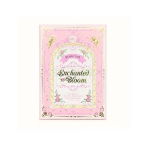 ROM&COM Enchanted Bloom makeup palette in elegant pink floral packaging displayed on a white background.