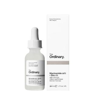 The Ordinary Niacinamide 10% + Zinc 1% Serum 30ml bottle with product box on a white background.